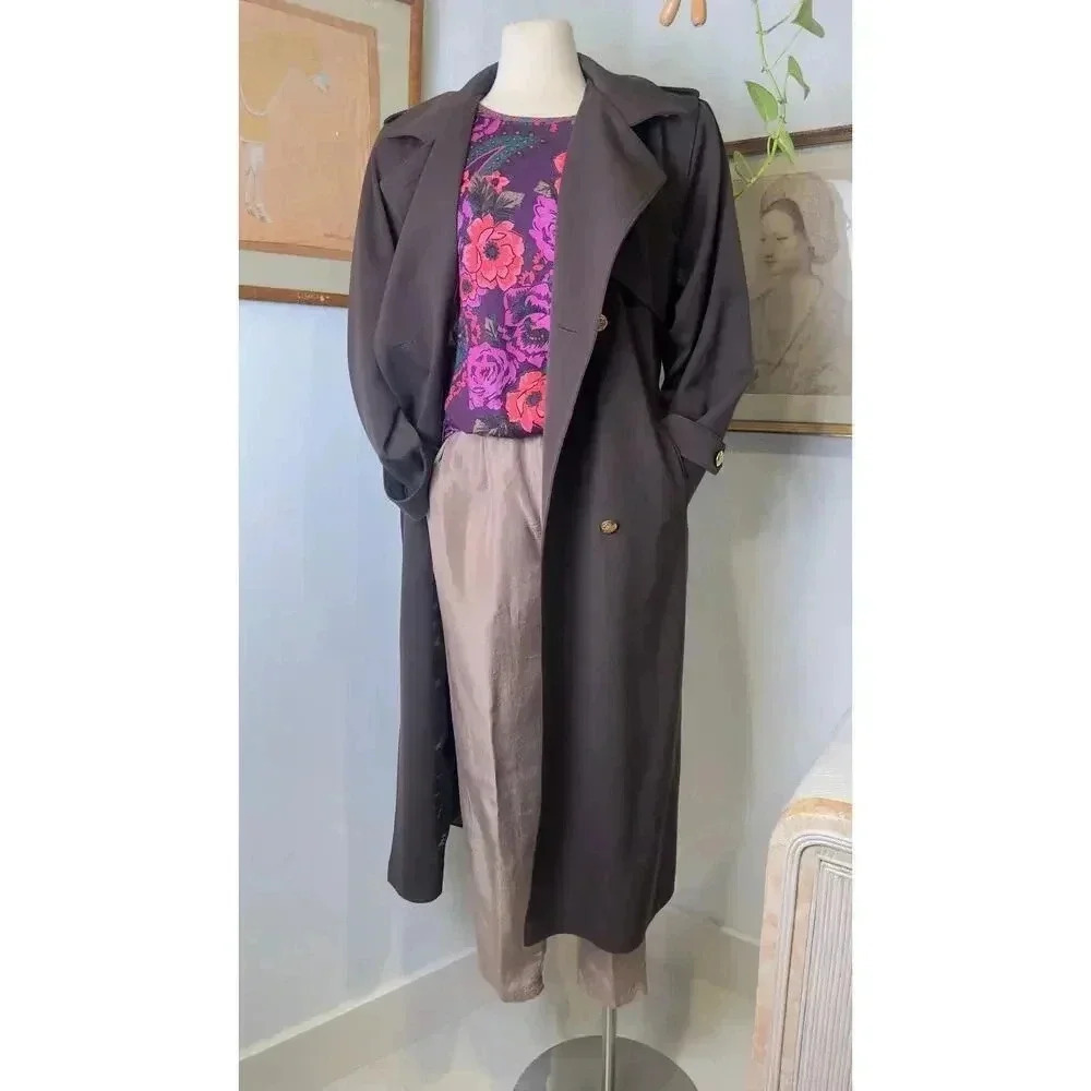 Vintage Larry Levine Gold Button Double-Breasted Brown 80s Trench Coat Size 4